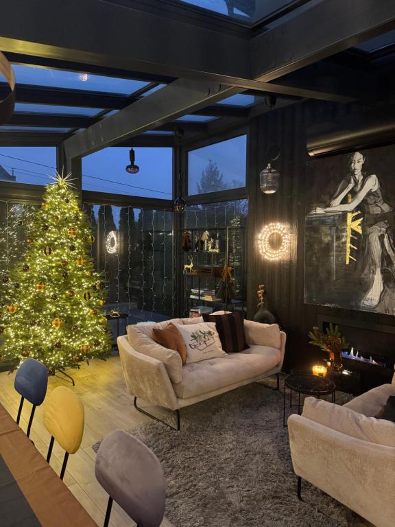 Una sala de estar con un árbol de Navidad y un sofá. en WILLA MAGNOLIA - Apartamenty i Pokoje - ROWERY, POKÓJ ZABAW, KAWA Z EKSPRESU, en Jantar
