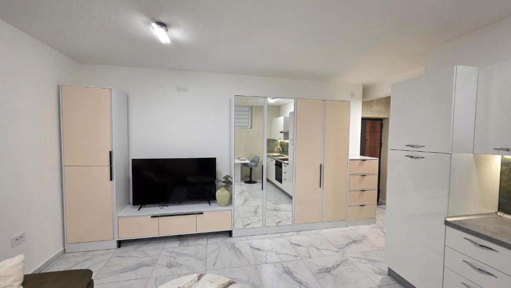 un soggiorno con TV e pareti bianche di Green Apartman a Veternik