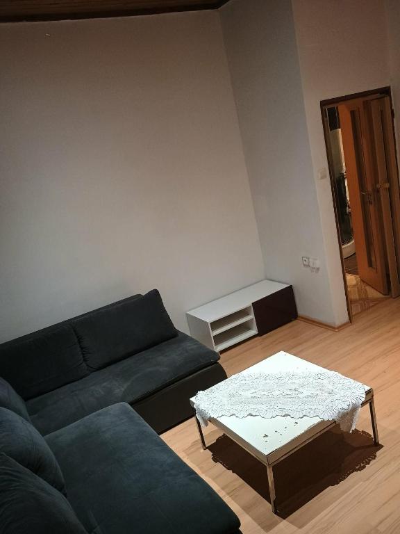 een woonkamer met een blauwe bank en een salontafel bij Centrum Czeski Cieszyn in Karviná