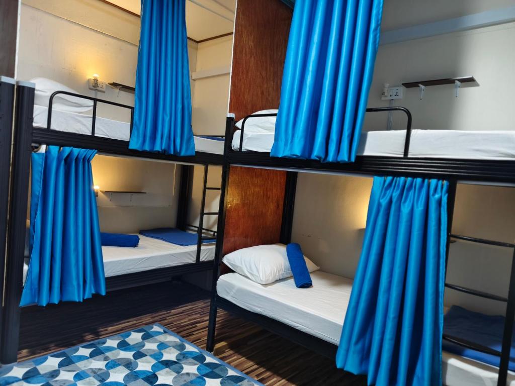 a room with four bunk beds with blue curtains at Anchor Point Hostel and Cafe in Pulau Langkawi
