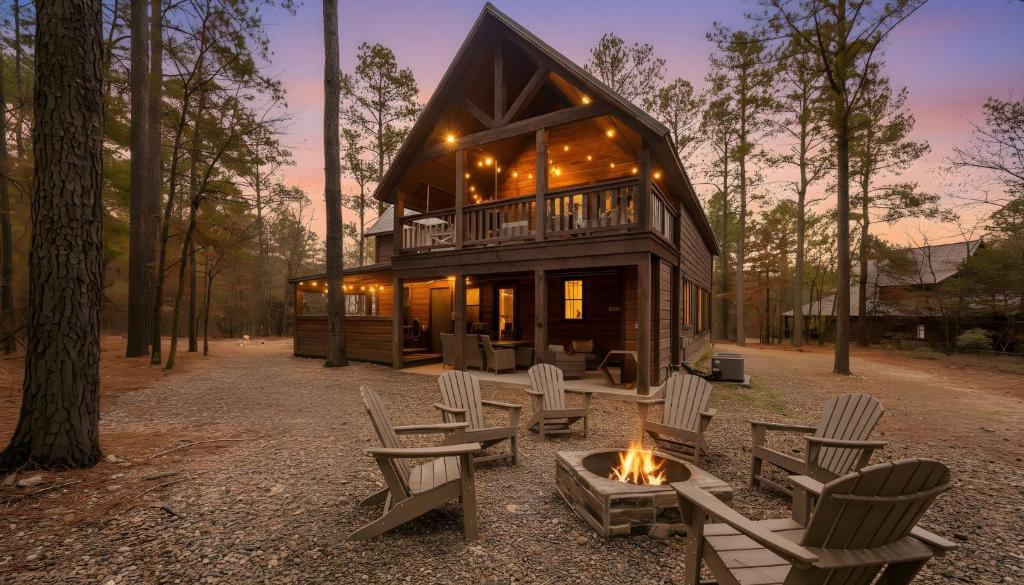 a cabin in the woods with chairs and a fire pit at Amazing Views Hot Tub Fire Pit Dog Friendly in Stephens Gap