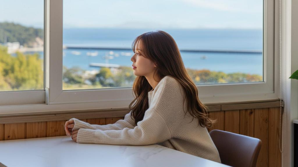 a woman sitting at a table looking out a window at Namhae JJhouse Pension in Namhae