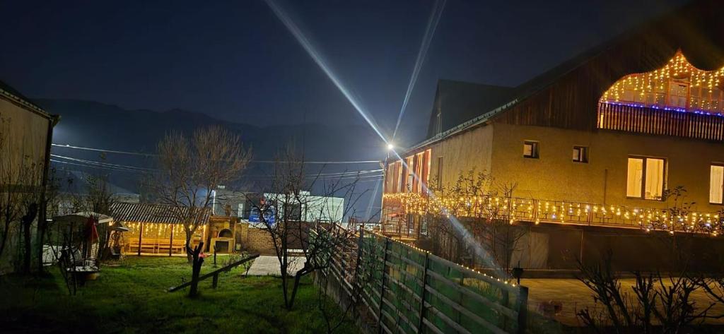 um edifício com luzes de Natal à noite em Villa BIG HOUSE em Dilijan
