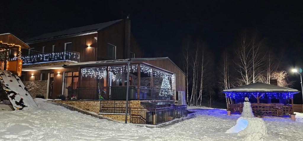 een huis met een prieel in de sneeuw 's nachts bij Arizona Ranch in Râșca