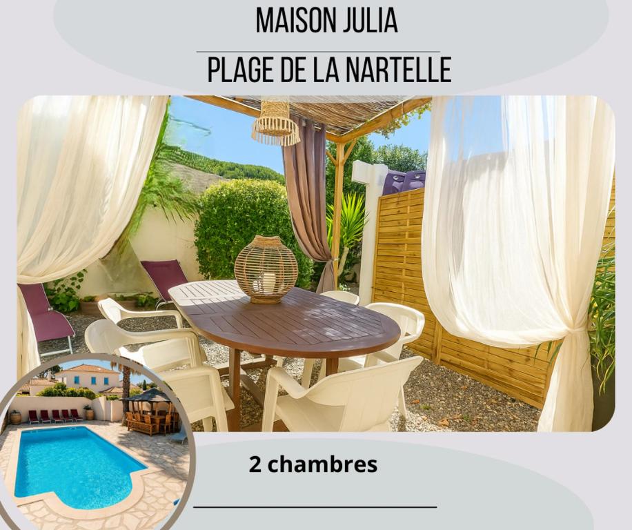 ein Bild einer Terrasse mit einem Tisch und Stühlen in der Unterkunft Rêve D'azur plage de la Nartelle, maison Julia avec Piscine partagée, Parking & Terrasse BBQ, Wifi et Draps Inclus in Sainte-Maxime