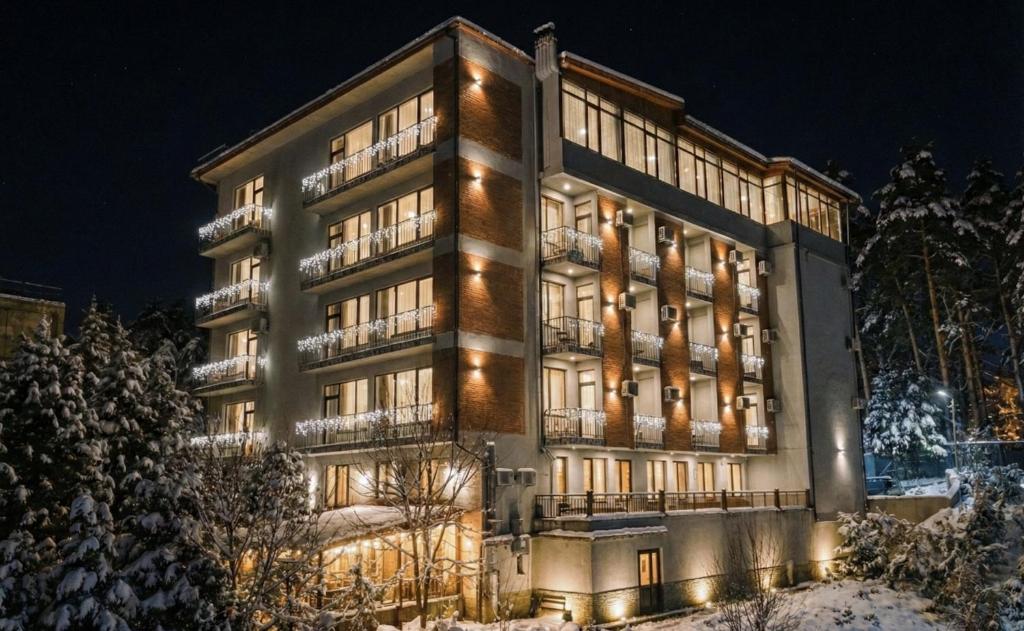 um edifício com luzes na neve à noite em Emerald Borjomi Hotel em Borjomi