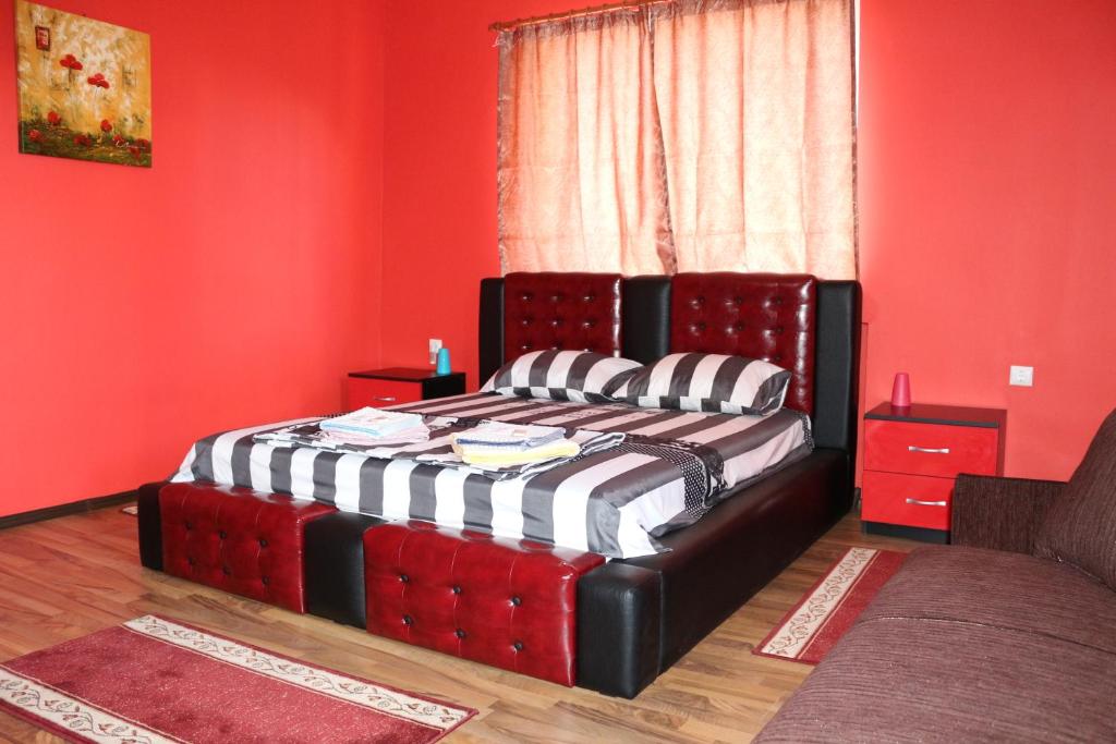 a bed in a room with a red wall at Hostel Victoria in Silistra