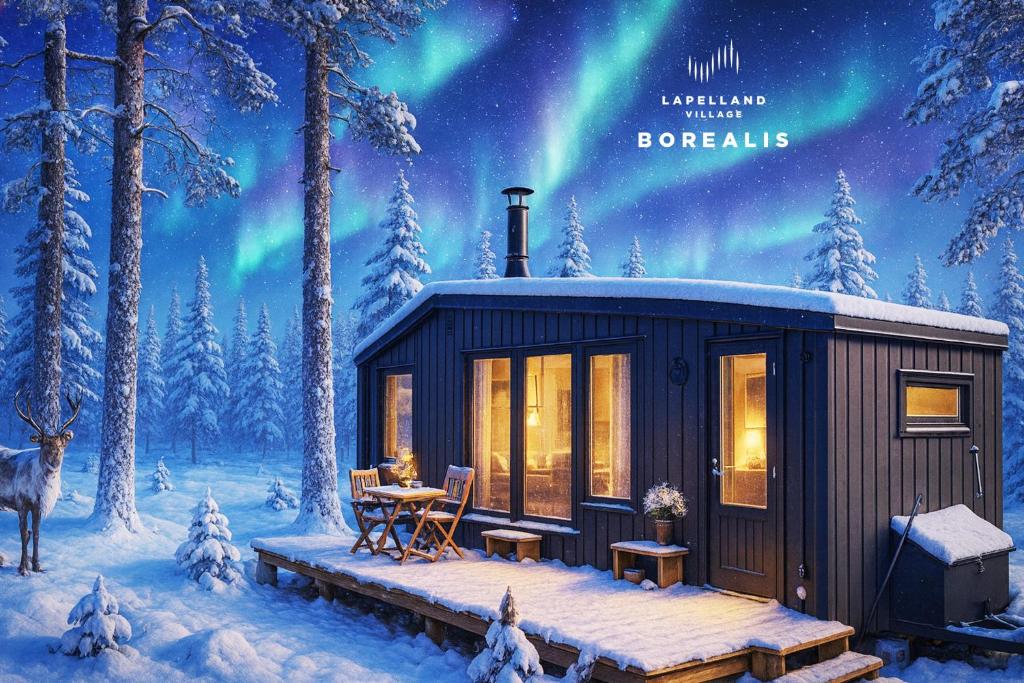 a cabin in the snow with the northern lights at Lapland Landscape Cabin with Nature View, Sauna, Fireplace & Kitchen, Ylläs, Äkäslompolo, Borealis Village in Äkäslompolo