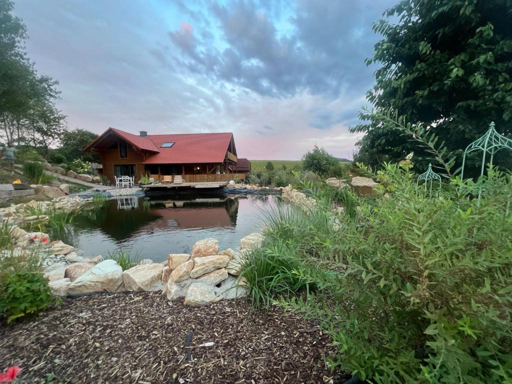a house with a pond in front of it at HolzHaus AusZeit am Küppel & Bright Collection in Gersfeld