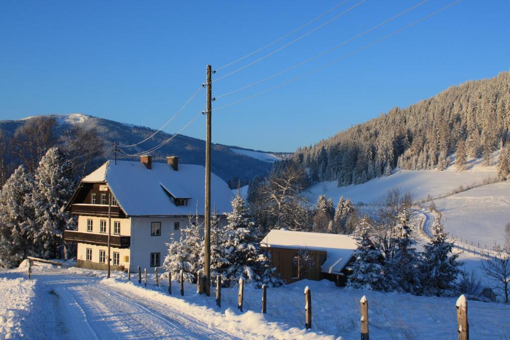 a house in the snow next to a road at Pension Fernsicht in Außerteuchen