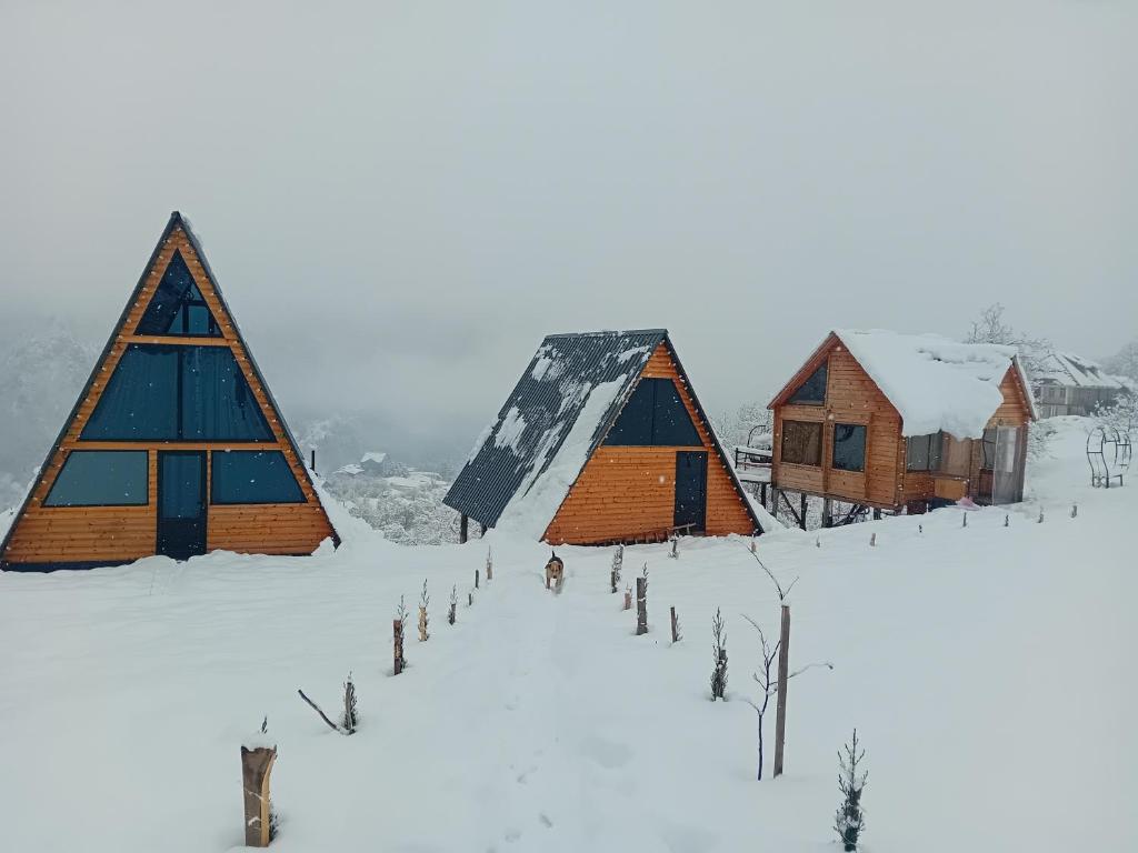 un groupe de petits bâtiments en bois dans la neige dans l'établissement SunHouse, à Khulo
