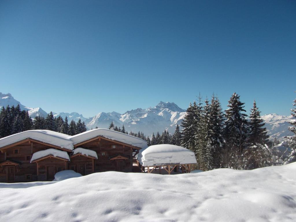 a building covered in snow with mountains in the background at Petit Ours in Villars-sur-Ollon
