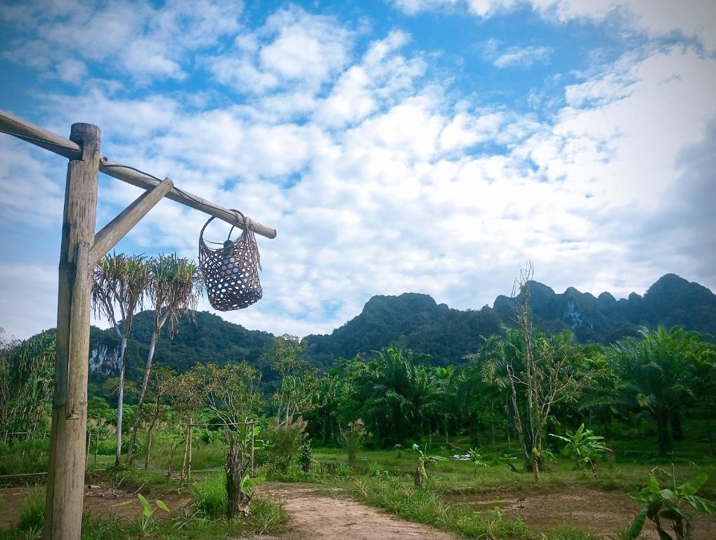 a bag hanging from a pole with mountains in the background at Khaosok Eco House in Khao Sok National Park