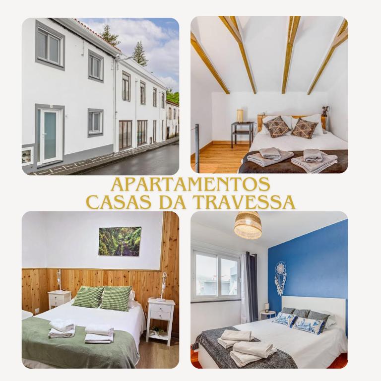 a collage of photos of a hotel with two beds at Apartamentos Casas da Travessa T0 T2 T3 in Horta