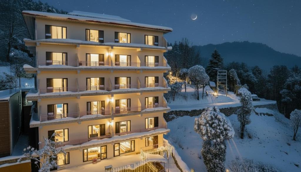 a hotel in the snow at night at The Radiance - kurfi in Chail