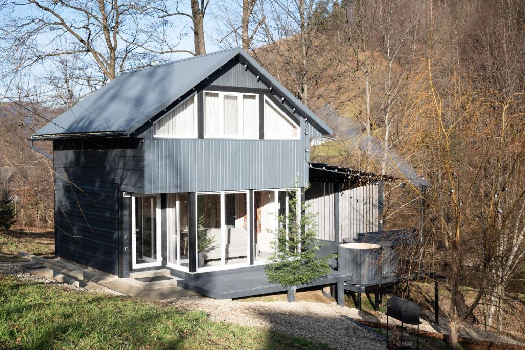 a small house with a black roof and windows at GORY & TYSHA Гори і Тиша in Yavoriv