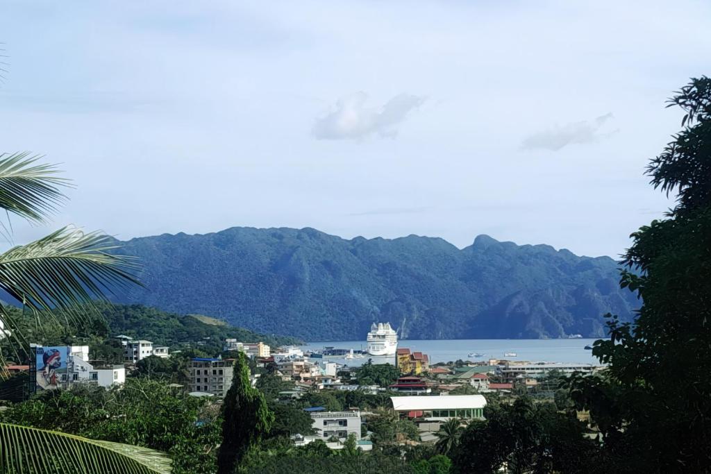 a view of a city and a body of water at Seaview Hilltop chalet, with AC, private bathroom, kitchen & balcony with views in Coron