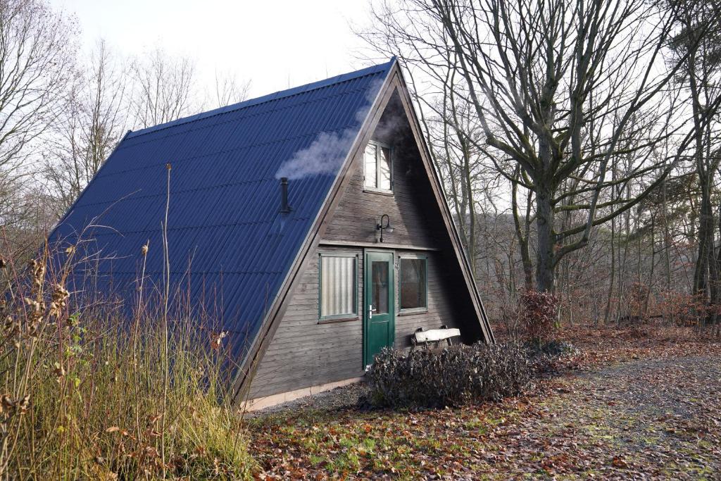 a small house with a blue roof and a green door at Twiste Retreat 126 in Bad Arolsen