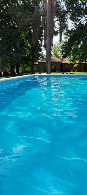 a blue swimming pool with trees in the background at Ex Hostal del Parque in Villa Constitución