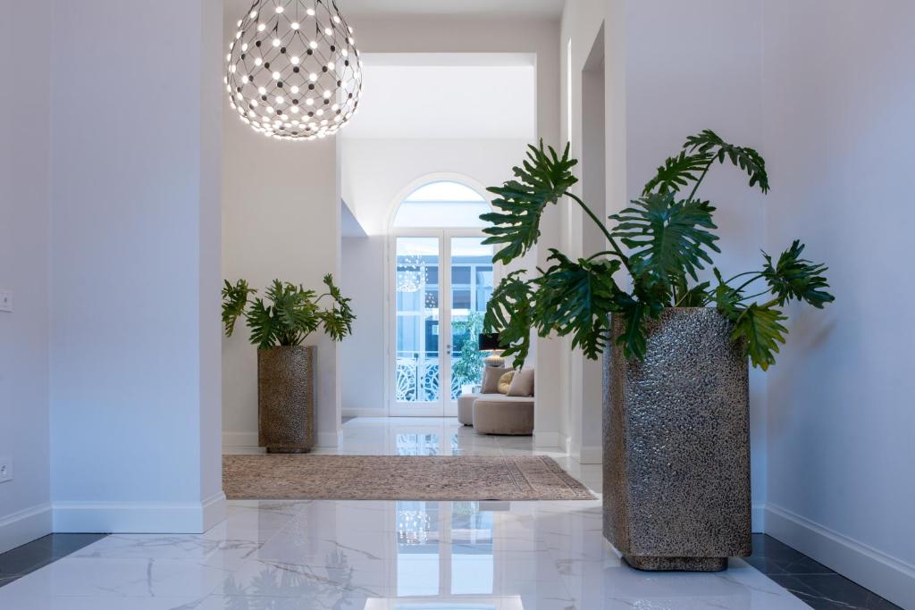 a hallway with three large vases with plants in it at My Maison 49 in Empoli