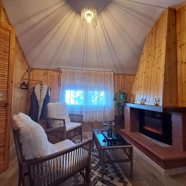 een woonkamer met twee stoelen en een open haard bij Chalet Vista Mare in Sassonetto