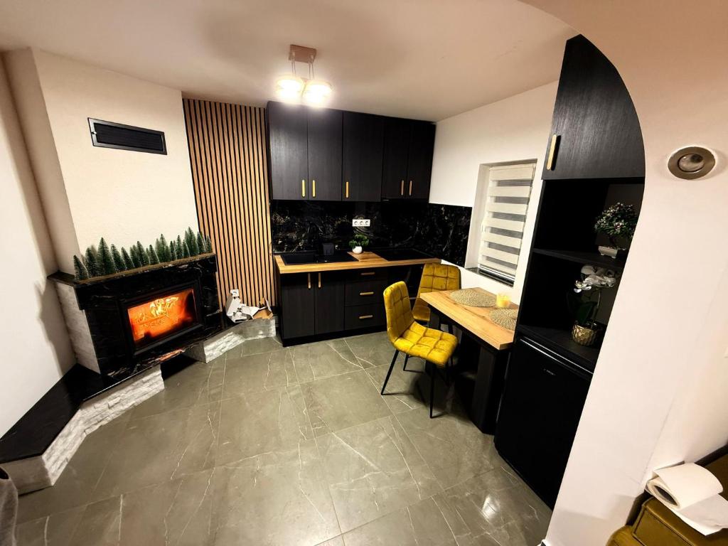 una cucina con camino, tavolo e sedie di Casa Lăpușană a Lăpuş