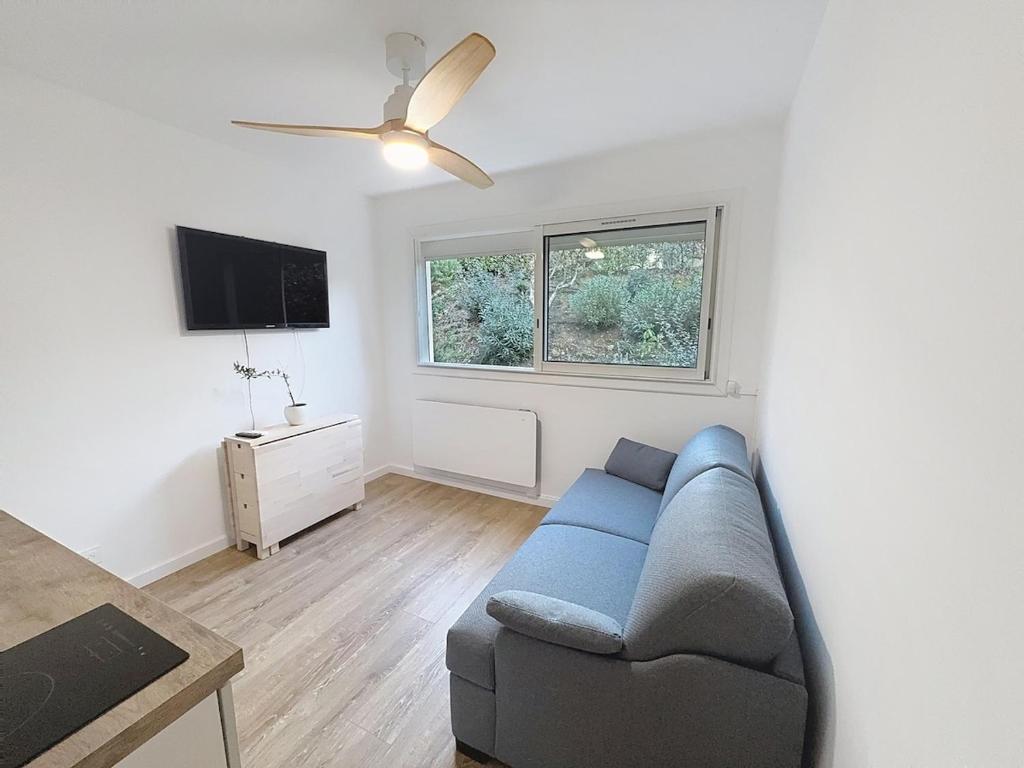 een woonkamer met een blauwe bank en een raam bij Studio avec canapé lit 2 places dans pièce de vie et lit une place dans coin nuit in Saint-Mandrier-sur-Mer