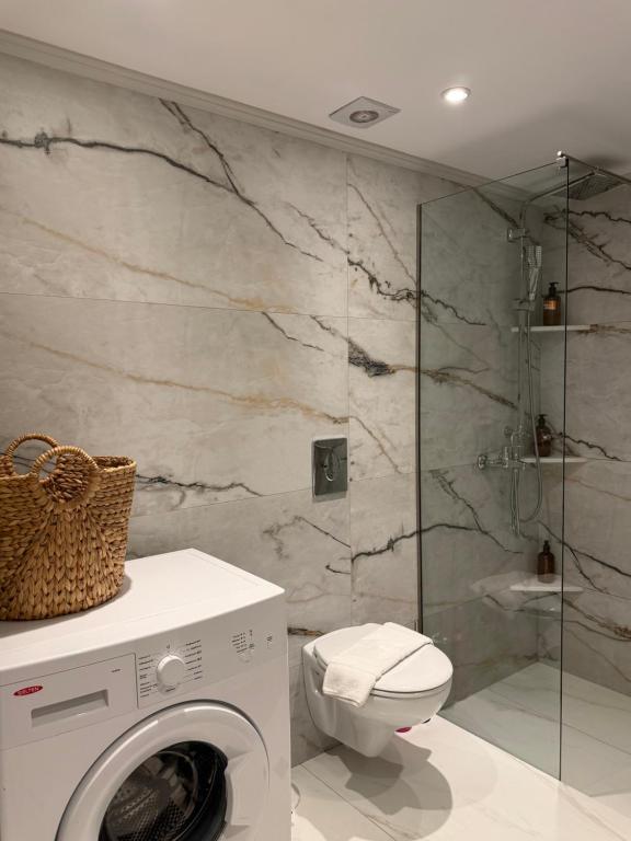 Un baño con inodoro y lavadora. en Luxy renovated flat with patio, en Atenas