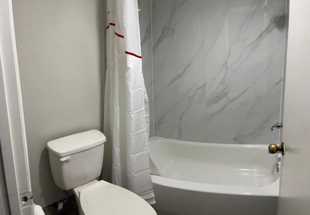 a bathroom with a white toilet and a shower at Red Roof Inn Rockingham in Rockingham