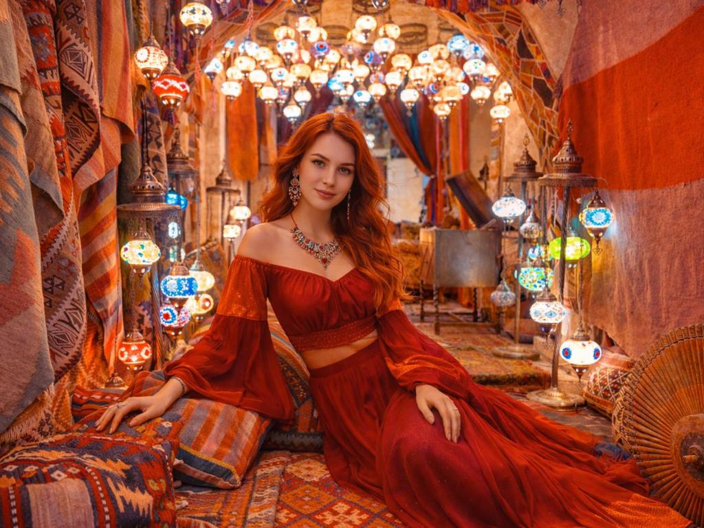 a woman sitting on the floor in a room with lights at Hanzade Cappadocia in Goreme