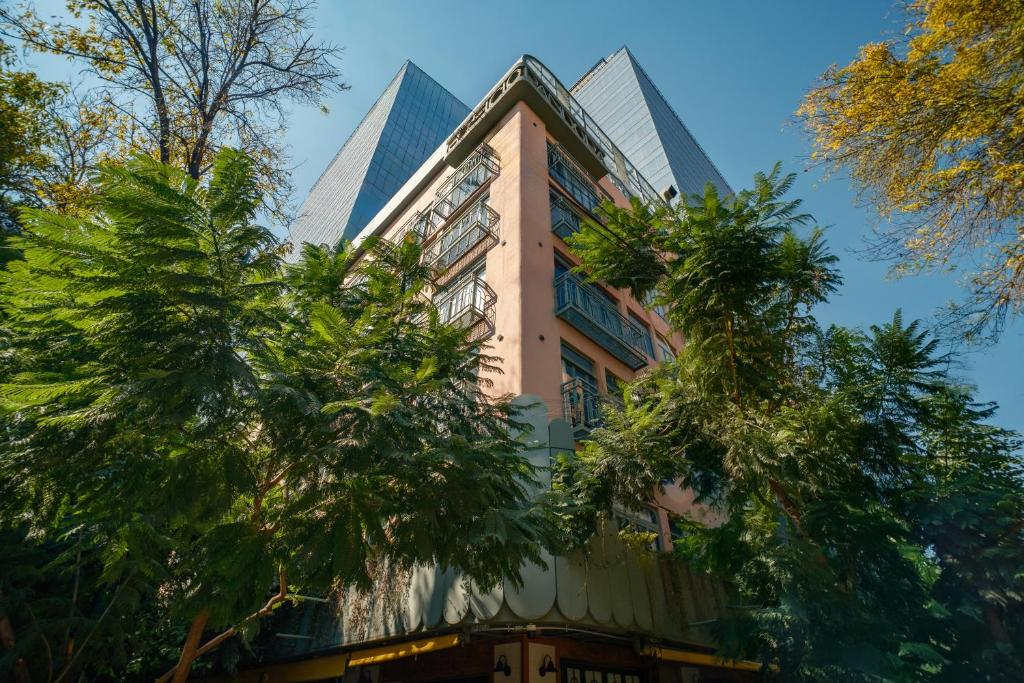 a tall building with palm trees in front of it at Pandora House in Mexico City