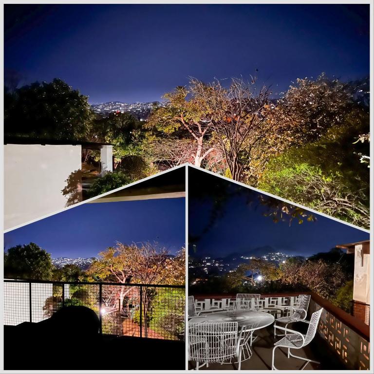 a collage of three pictures of a balcony with a table at Kabula Lodge in Blantyre