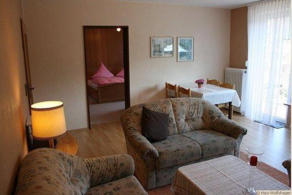 ein Wohnzimmer mit einer Couch und einem Sessel in der Unterkunft Haus Schneider, große Ferienwohnung in Wolfshagen