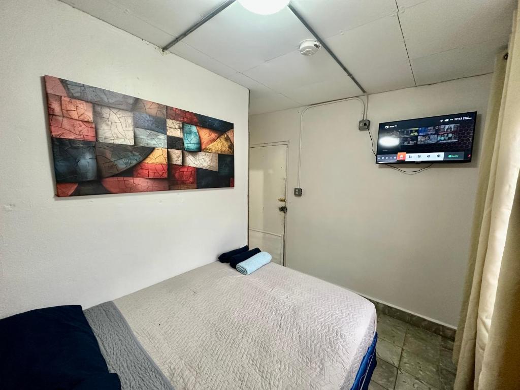 ein Schlafzimmer mit einem Bett und einem Gemälde an der Wand in der Unterkunft Apartment in downtown David in David