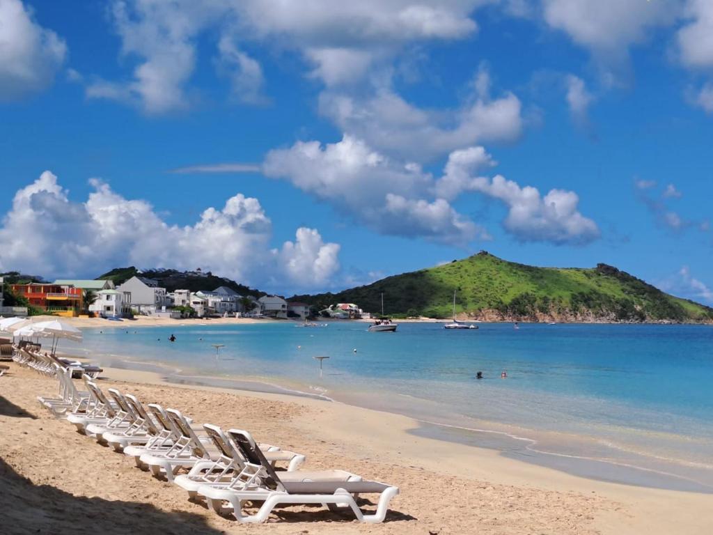 een groep ligstoelen op het strand bij ALMOND Cove in Grand Case