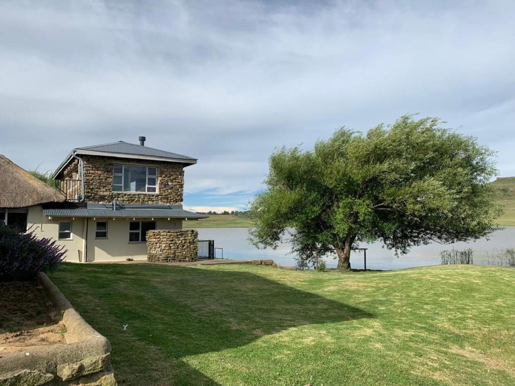 a house with a tree in front of a lake at The Boathouse in Harrismith