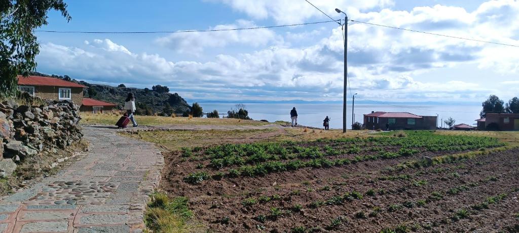 a farm with people walking on a dirt road at Isla Amantani lodge in Puno