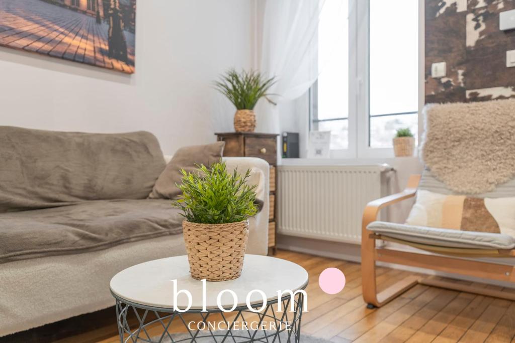a living room with a couch and a table with potted plants at Le Fabuleux de Deroulede in Nancy