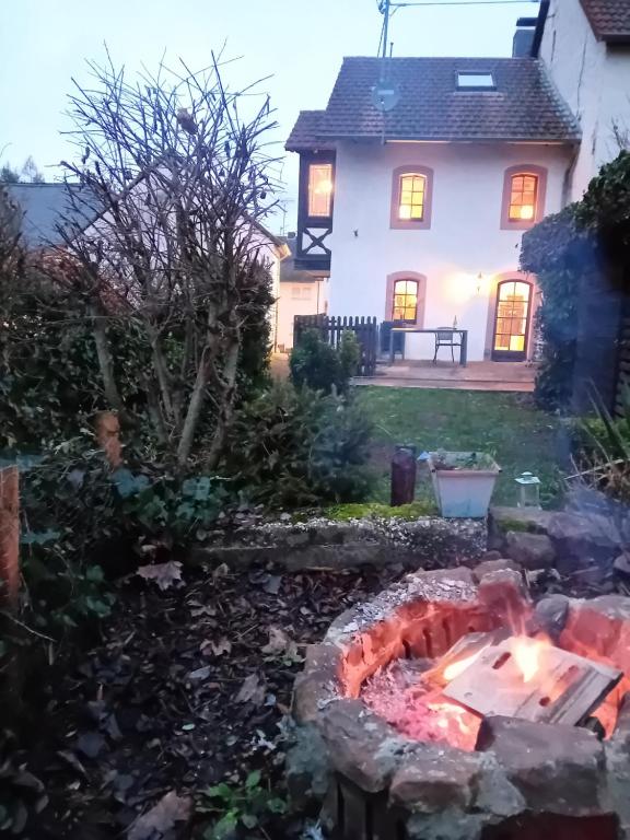 a garden with a fire pit in front of a house at Eifel Duitsland fraai vakantiehuis met tuin in Eisenschmitt