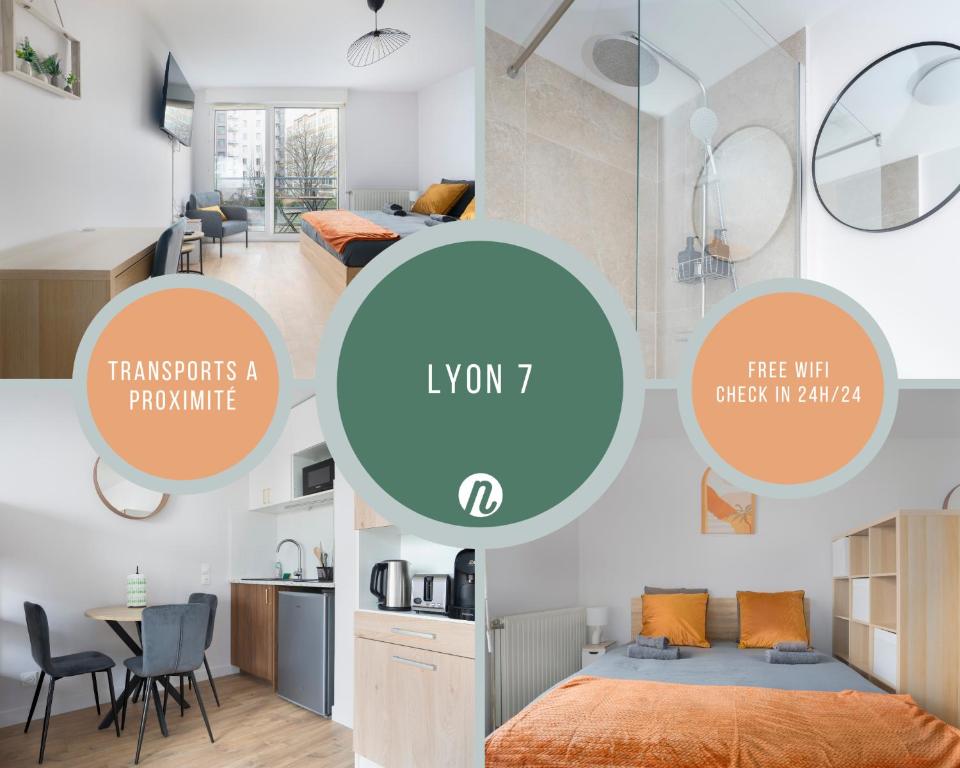 a room with four round images of a room with a bed at Le Cocon Lyonnais in Lyon
