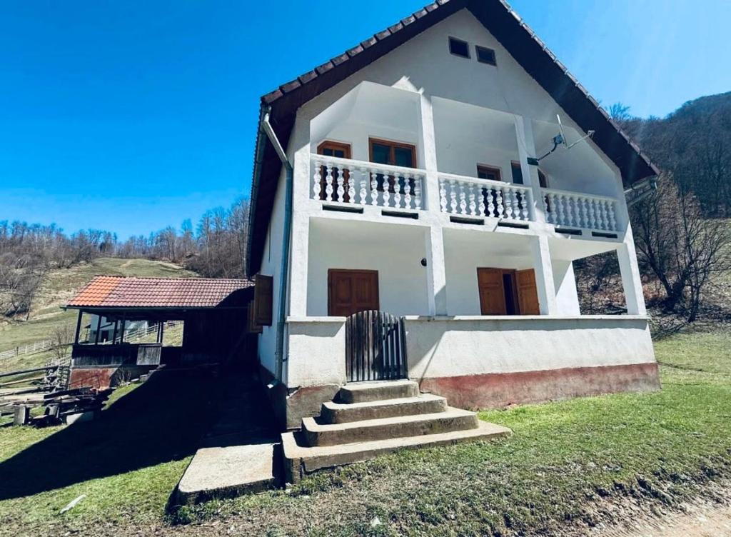 une petite maison blanche avec des escaliers dans un champ dans l'établissement Cabana Valea Lungă, à Telcişor