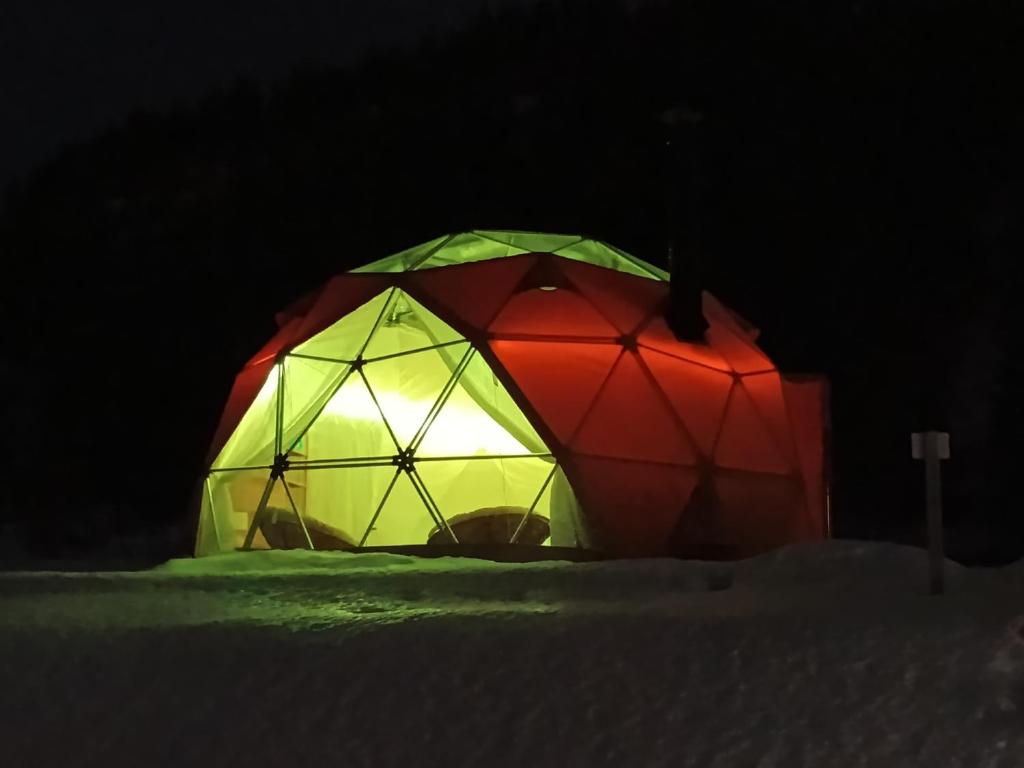a red and green tent in the snow at night at Skaland panorama in Senja