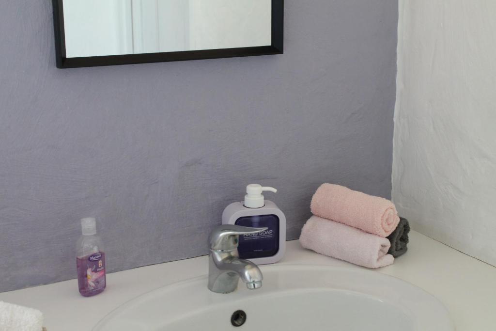 een wastafel in de badkamer met een zeepdispenser en een spiegel bij Maison d'hôte - Le Valdaine in Portes-en-Valdaine