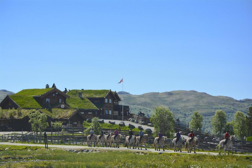 a group of people riding horses down a road at Langedrag Naturpark in Tunhovd