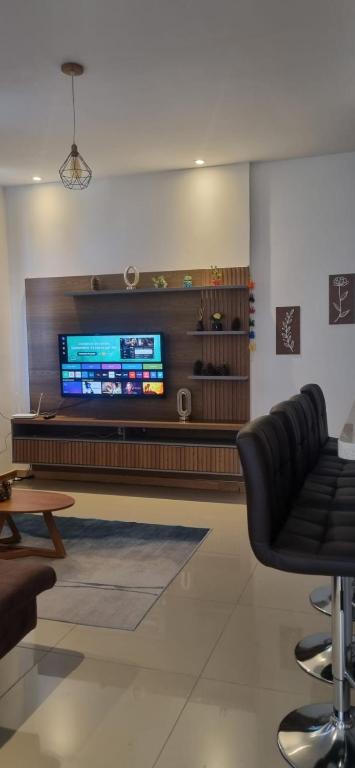 a living room with a couch and a television at O melhor de Terê in Teresópolis