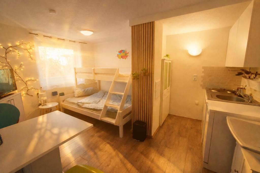 a small room with a bunk bed and a kitchen at DG-Ferienwohnung nähe Legoland, mit großer Terrasse in Sontheim an der Brenz
