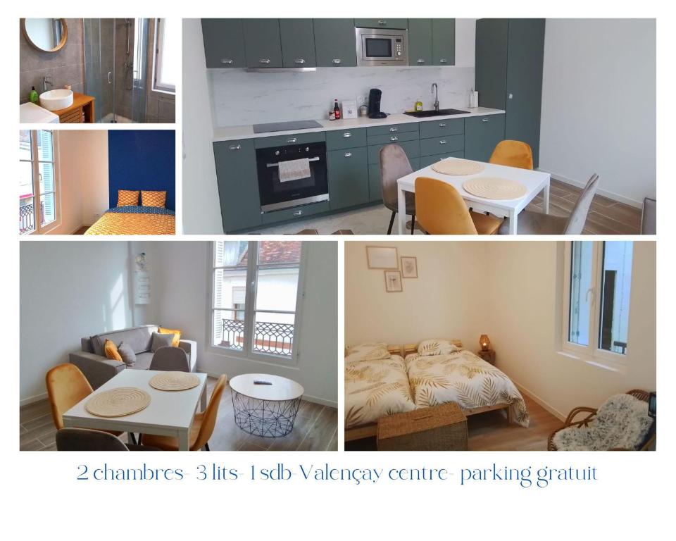 een collage van foto's van een keuken en een woonkamer bij Valençay appart chic 2 chambres in Valençay