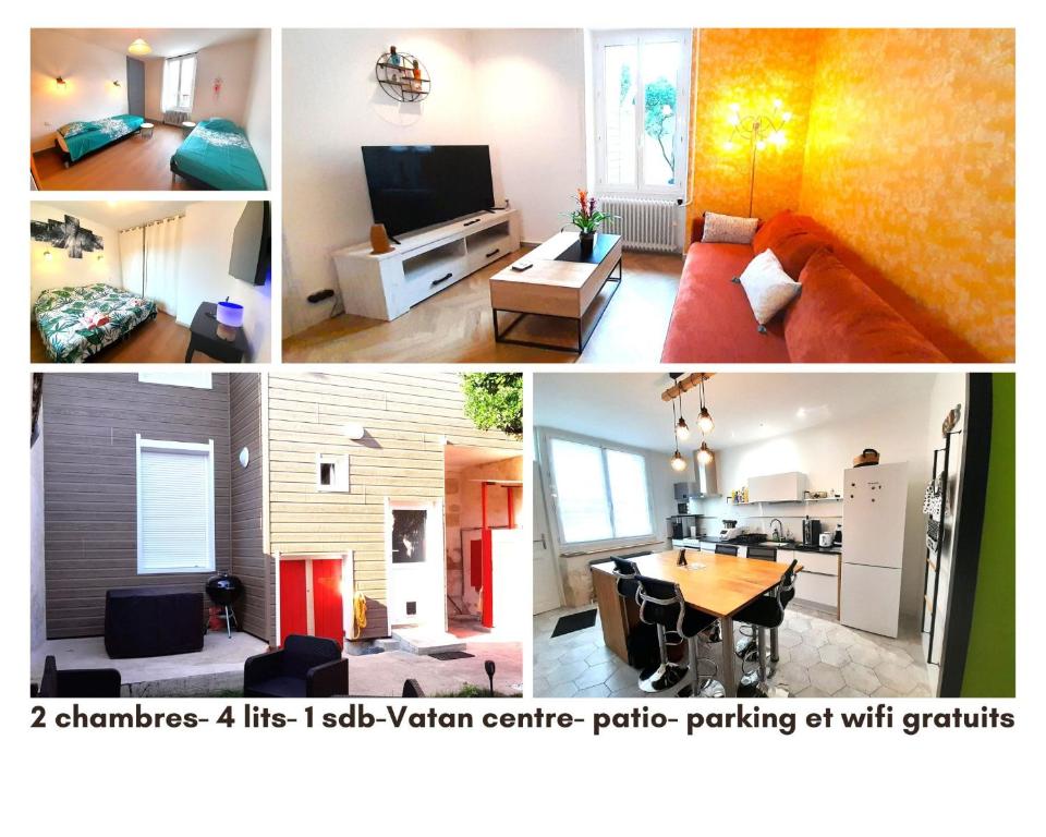 eine Collage mit drei Bildern eines Wohnzimmers in der Unterkunft Élégante maison avec patio Vatan Centre in Vatan