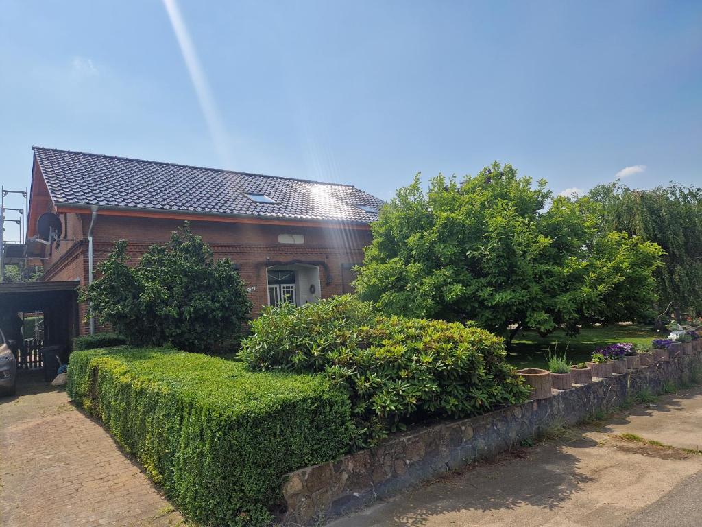 a house with a hedge in front of a house at Ferienwohnung Thomée in Looft