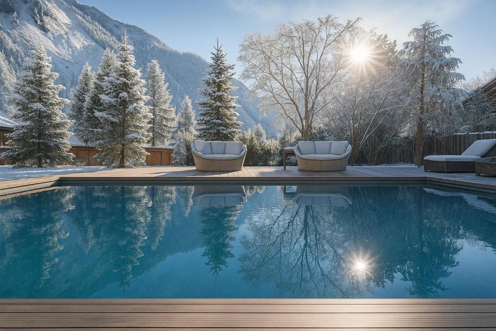 Una piscina con dos sillas y una montaña. en Goldene Rose Karthaus a member of Small Luxury Hotels of the World, en Senales